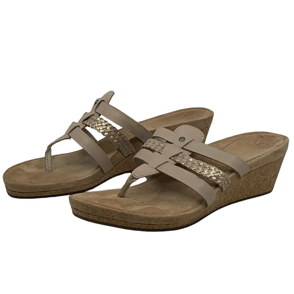 Ugg Women's Maddie Sandals Beige Leather Cork Wedge Slip On Strappy Size 10‎